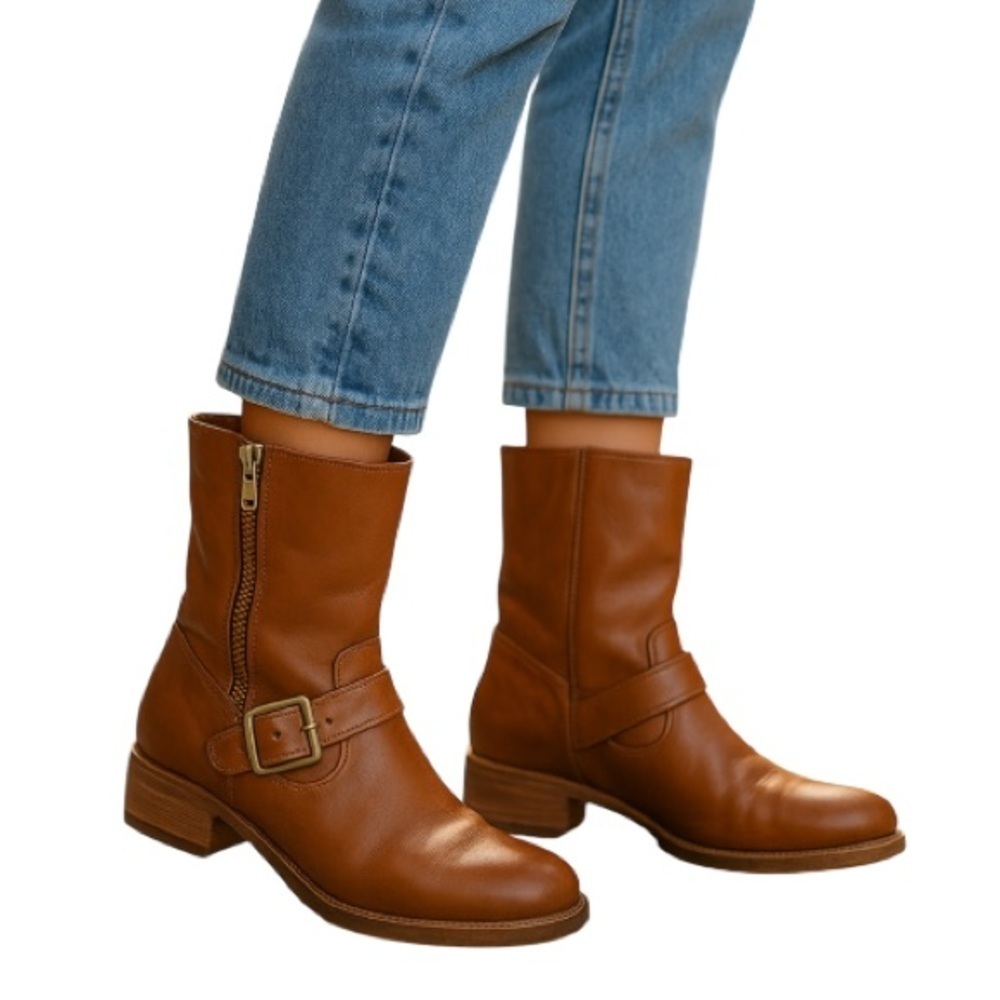 ALDO Combat Moto Western Boots Cognac Brown Distressed Leather Brass Heel 38.5EU